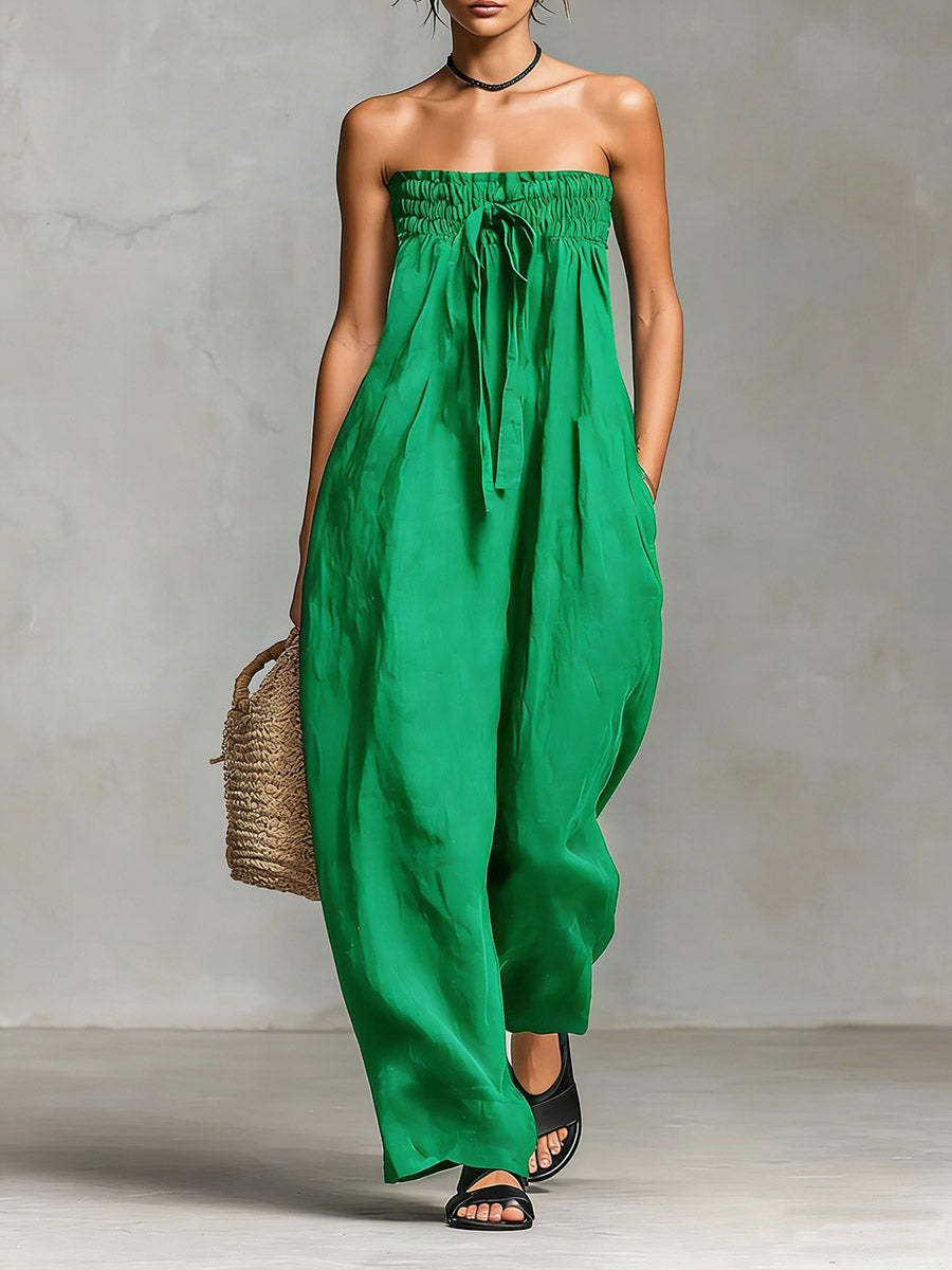 Strapless Ruched Jumpsuit for Women | Tube Top Wide Leg Romper